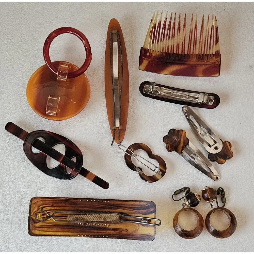Vtg Celluloid  Tortoise Hair Comb/Clips Belt Buckle Earring Lot